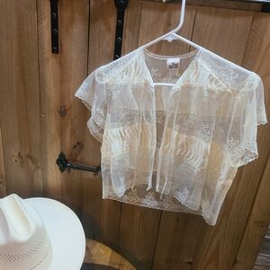 Vintage Sheer Lace Tie-Front Blouse in Ivory by None